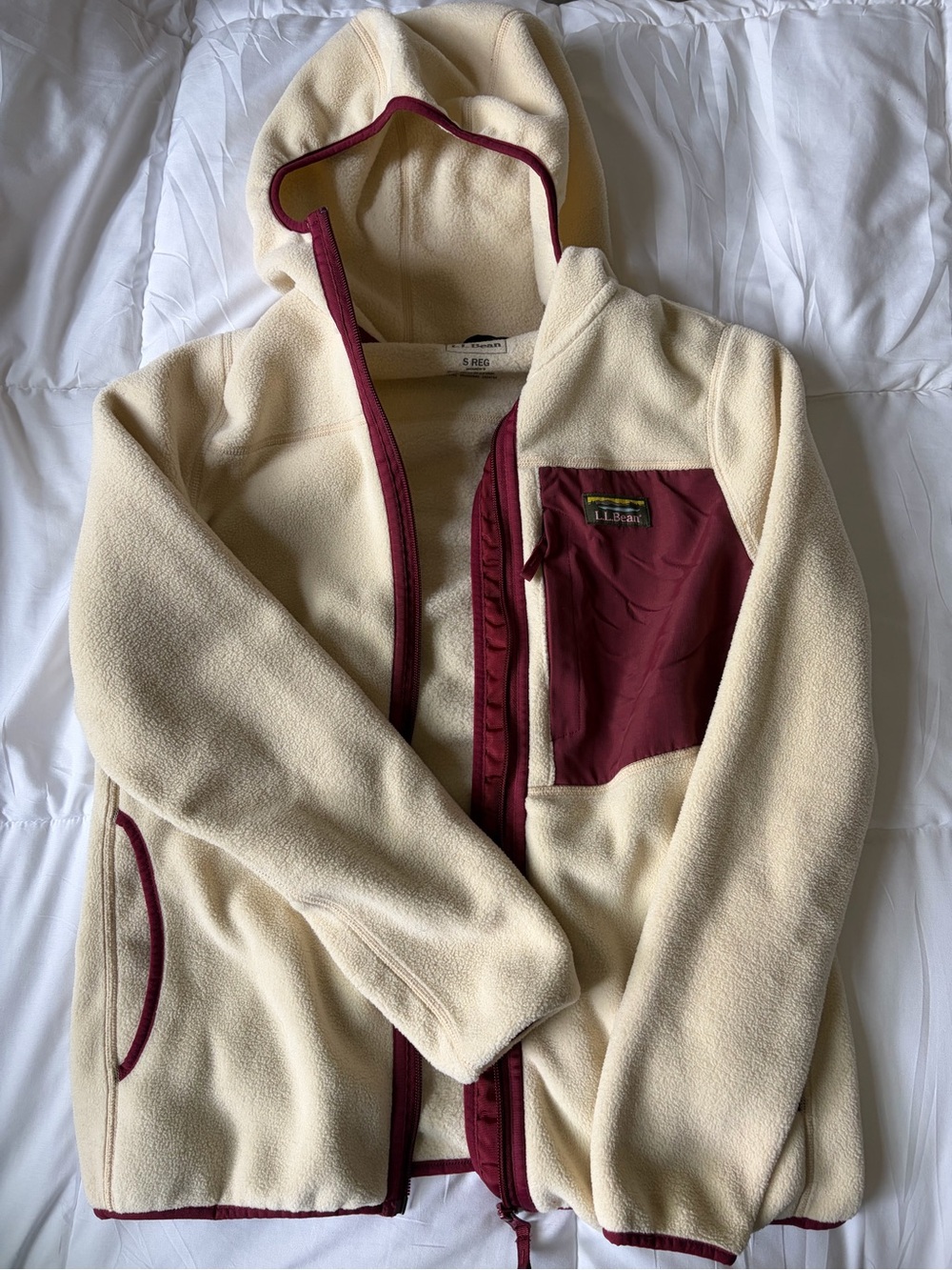 L.L. Bean Cream Fleece Hooded Jacket with Burgundy Trim